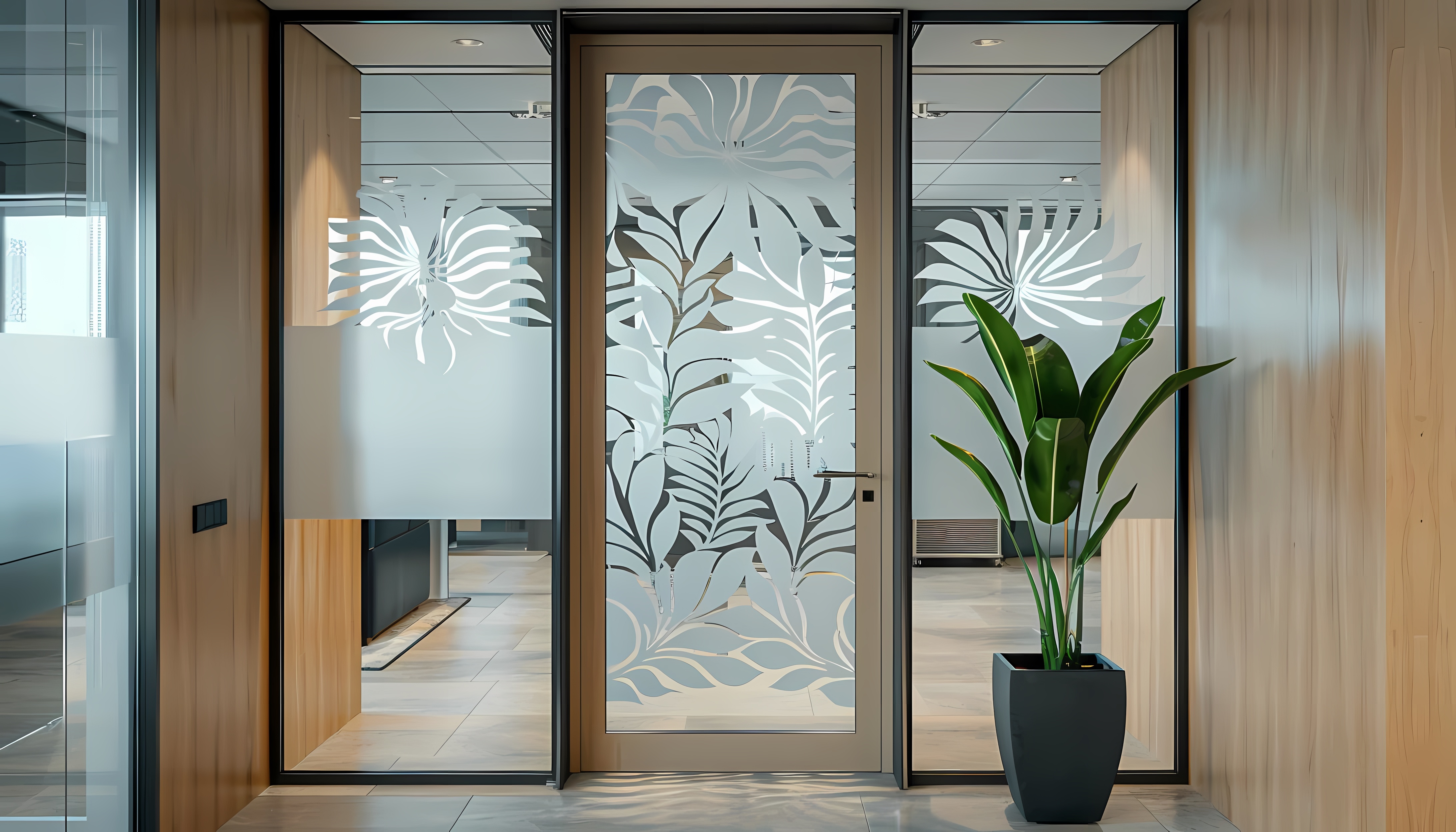 Frosted cut-vinyl privacy graphics on an office glass door