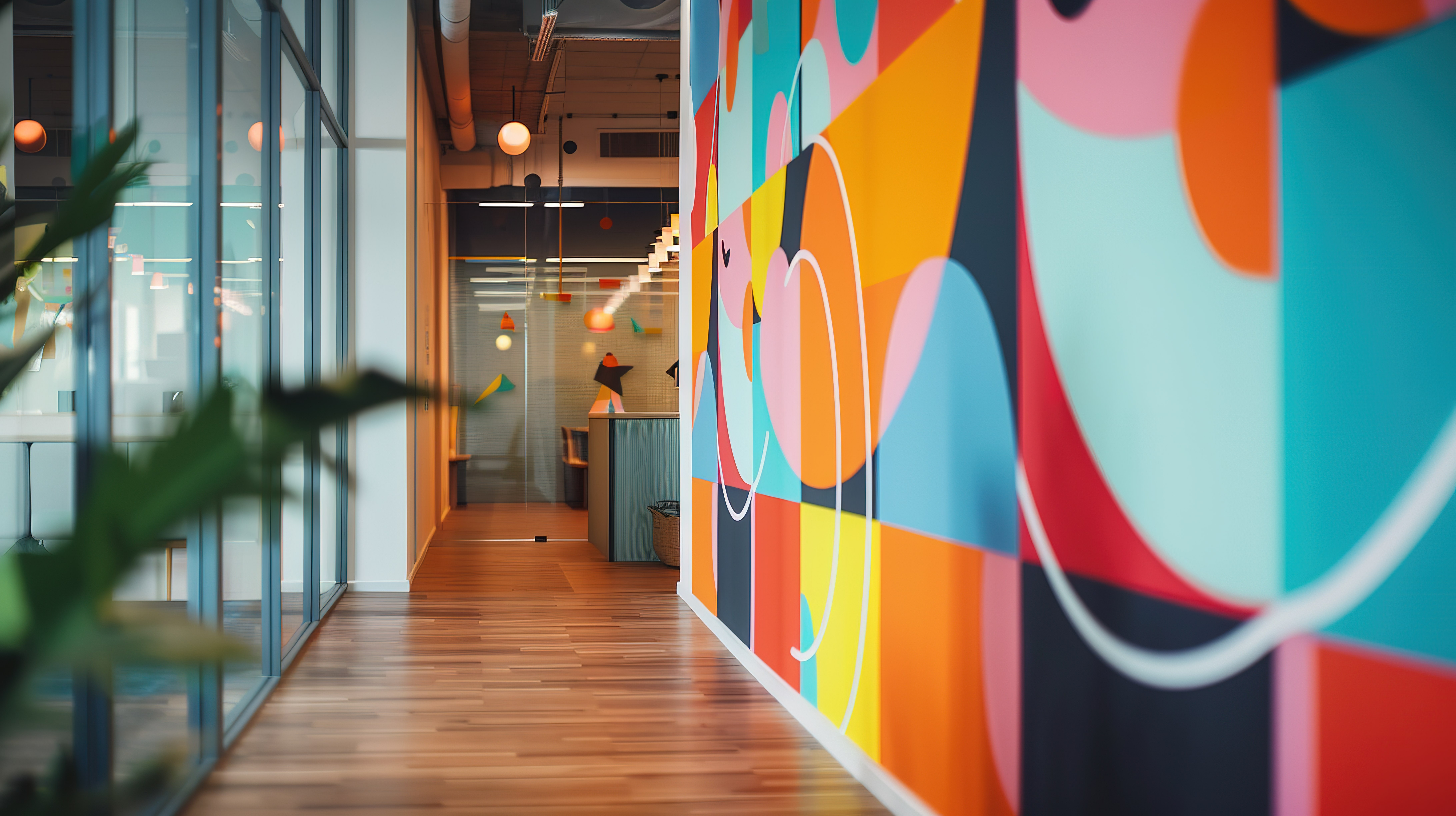 Bold full-color geometric wall graphic in an office corridor